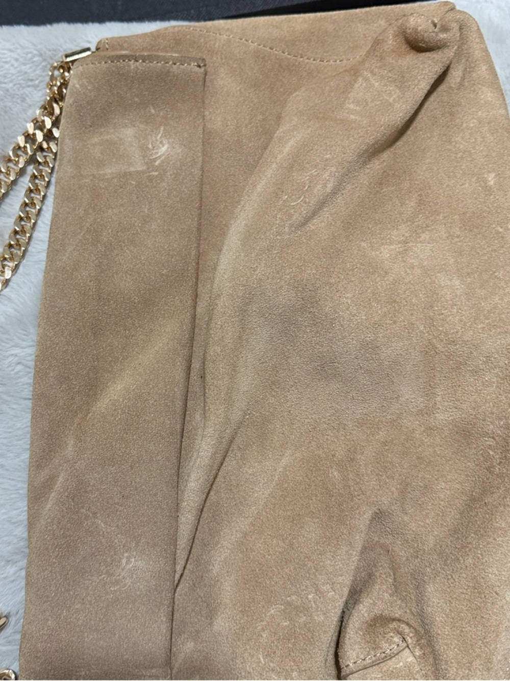 Mango Suede Jeans Bag in Taupe Brown with Gold Chain